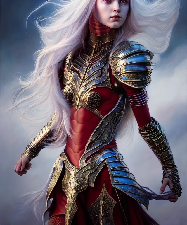 Prompt: hyperrealistic mixed media painting of a beautiful young female battlemage, stunning 3d render inspired art by P. Craig Russell and Barry Windsor-Smith + perfect facial symmetry + dim volumetric lighting, long flowing white hair, pale skin, ornate crimson gothic armor, dizzy, full body, confident heroic pose, 8k octane beautifully detailed render, post-processing, extremely hyperdetailed, intricate, epic composition, grim yet sparkling atmosphere, cinematic lighting + masterpiece, trending on artstation, very very detailed, masterpiece, stunning