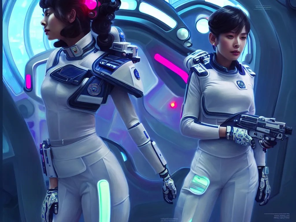 Image similar to portrait futuristic planet jupiter police uniform female, in a future huge spaceship internal, neon light, ssci - fi and fantasy, intricate and very very beautiful and elegant, highly detailed, digital painting, artstation, concept art, smooth and sharp focus, illustration, art by tan zi and ayanamikodon and alphonse mucha and wlop