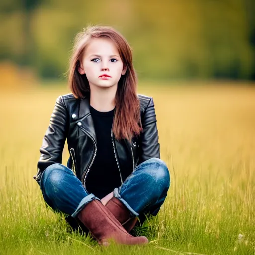 Image similar to young girl sits on a meadow, she wears leather jacket, jeans and black boots, sharp focus, photo taken by nikon, 4 k,