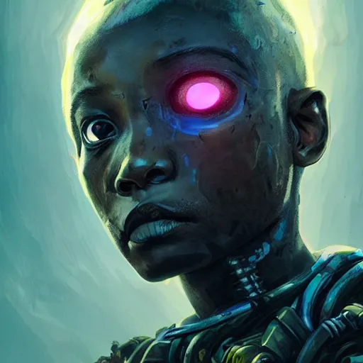 Image similar to a dark and ominous cyborg african child soldier with glowing eyes and facial scarification marks, Apex Legends character digital illustration portrait design, by android jones and greg rutkowski in a cyberpunk voodoo style, detailed, cinematic lighting, wide angle action dynamic portrait