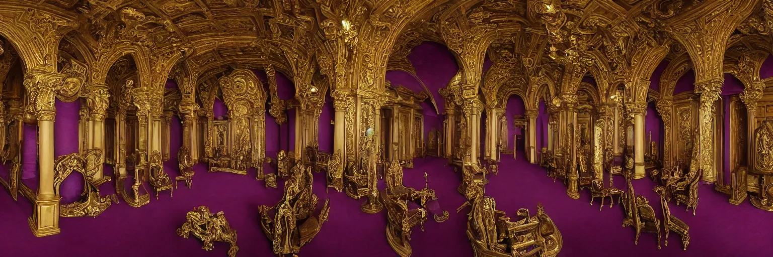 Prompt: Cinematic wide view of a dark long marble Romanesque hall, volumetric sunlight shining through ornate windows, at the end of the hall is a throne, Christopher Walken as Emperor Shaddam IV, wearing ornate Tyrian-purple regal leather uniform, with two lion-pins made of gold on uniform, sitting on a throne made of gold with arm-rests shaped like lions, inside a dark futuristic neo-Baroque hall, dark atmospheric lighting, highly detailed, cinematography by Stanley Kubrick