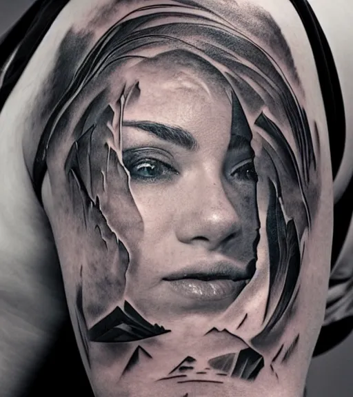 Image similar to double exposure of a hyper realistic mountain scenery with a beautiful woman face, tattoo design sketch, in the style of matteo pasqualin, hyper - realistic, amazing detail, black and white