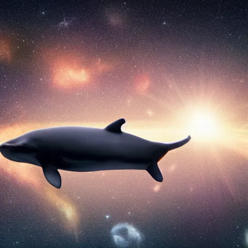 Prompt: a whale floating through space with stars and planets, diffused light, golden ratio, 8 k