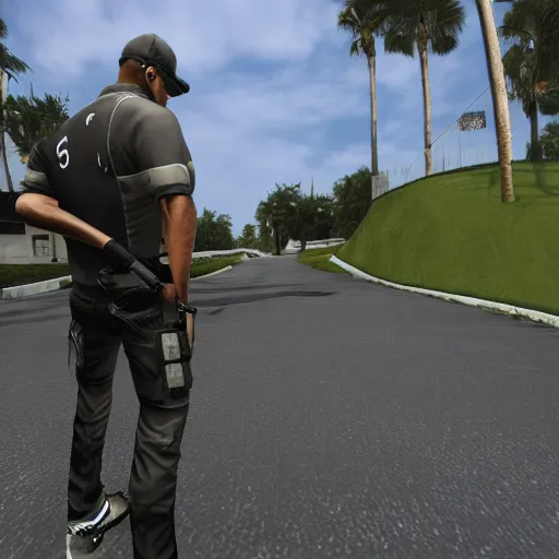 Prompt: counter-strike characters terrorist and counter-terrorist full body playing golf irons fairway wood golfbag tee golfcar putting on green unreal engine 8k highly detailed rainy weather florida