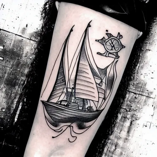 Image similar to a pirate ship sailing in the sea, realism tattoo design, amazing shades, clean white paper background, by Matteo Pasqualin tattoo artist