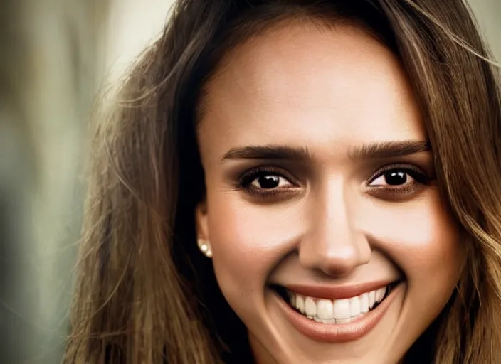 Image similar to a closeup, 4 5 mm, detailed photo of a woman smiling half jessica alba half nathalie portman half scarlett johansson, beautiful low light, 4 5 mm, by franz lanting