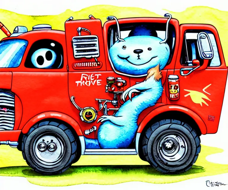 Image similar to cute and funny, beaver driving a tiny hot rod fire truck with an oversized engine, ratfink style by ed roth, centered award winning watercolor pen illustration, isometric illustration by chihiro iwasaki, edited by craola, tiny details by artgerm and watercolor girl, symmetrically isometrically centered
