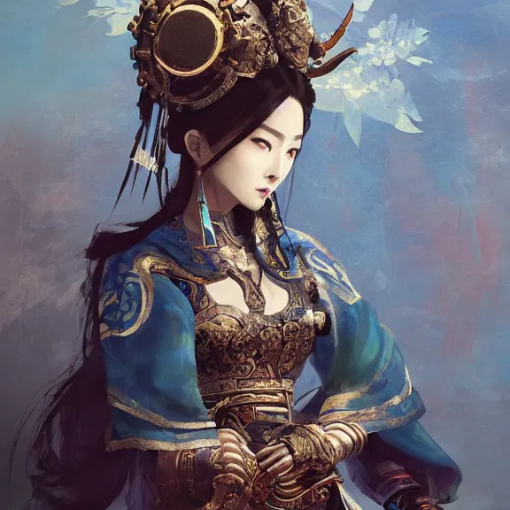 Prompt: ancient chinese princess with steampunk mask, dynasty warriors, divine, unreal engine, 8 k, blue color scheme, headshot, highly detailed, smooth, ink painting, artstation, concept art, in style of yoji shinkawa, pan ren wei, col price, atey ghailan, by greg rutkowski, aesthetic