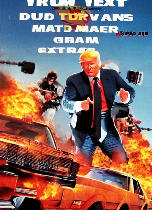 Image similar to an 8 0's john alvin action movie poster starring donald trump mad max. explosions