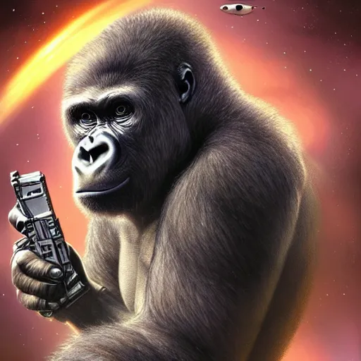 Image similar to detailed science - fiction character portrait of a silverback gorilla shooting a alien gun in space, intricate, wild, highly detailed, digital painting, artstation, concept art, smooth, sharp focus, illustration, art by artgerm and greg rutkowski and alphonse mucha