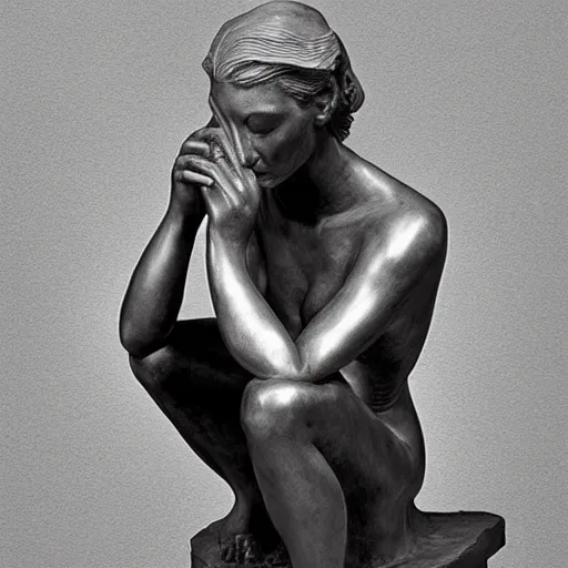 Image similar to sculpture of cate blanchett ,the thinker, by Augusts Rodin photorealism