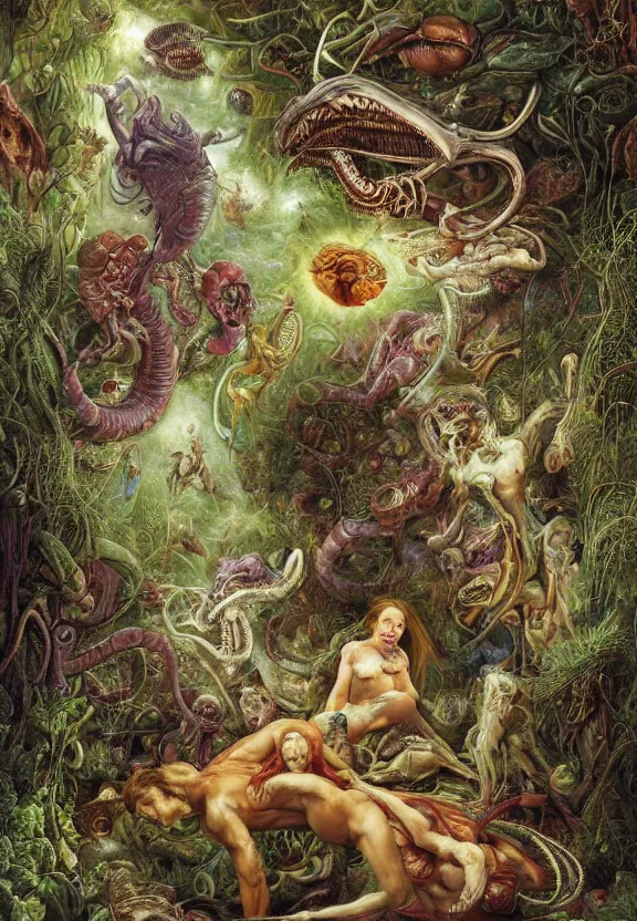 Image similar to simplicity, elegant, muscular animals, human babies, botany, orchids, radiating, colorful mandala, psychedelic, overgrown garden environment, by h. r. giger and esao andrews and maria sibylla merian eugene delacroix, gustave dore, thomas moran, pop art, biomechanical xenomorph, street art, saturated