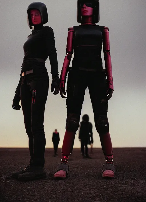 Image similar to cinestill 5 0 d photographic portrait of two loving female androids wearing rugged black techwear on a desolate plain with a red sky, extreme closeup, cyberpunk style, in front of a brutalist dark metal facility, dust storm, 8 k, hd, high resolution, 3 5 mm, f / 3 2, ultra realistic faces, ex machina