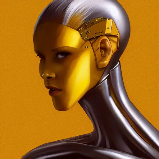 Image similar to A yellow skinned female android with half head shaved revealing metal robot head by Stanley Artgerm Lau, WLOP, Rossdraws, James Jean, Andrei Riabovitchev, Marc Simonetti, and Sakimichan, trending on artstation