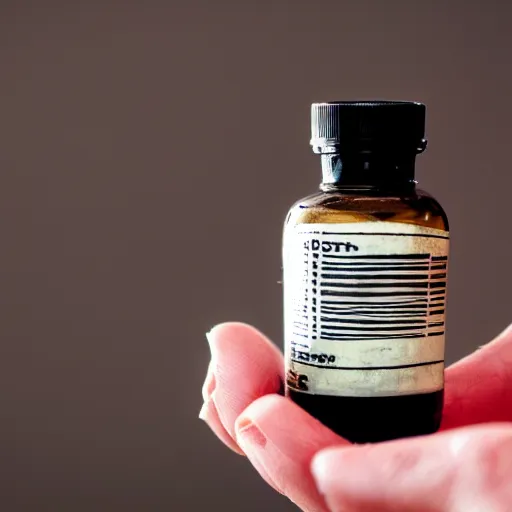 Prompt: small medicine bottle held between two fingers