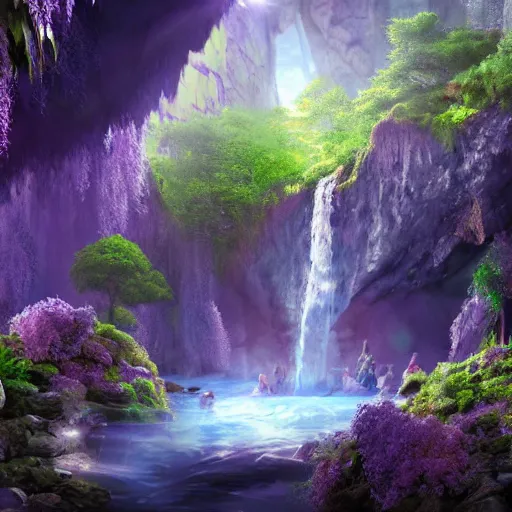 Image similar to a mystical waterfall cave with amethysts, lilac sunrays, highly detailed matte painting, 8 k