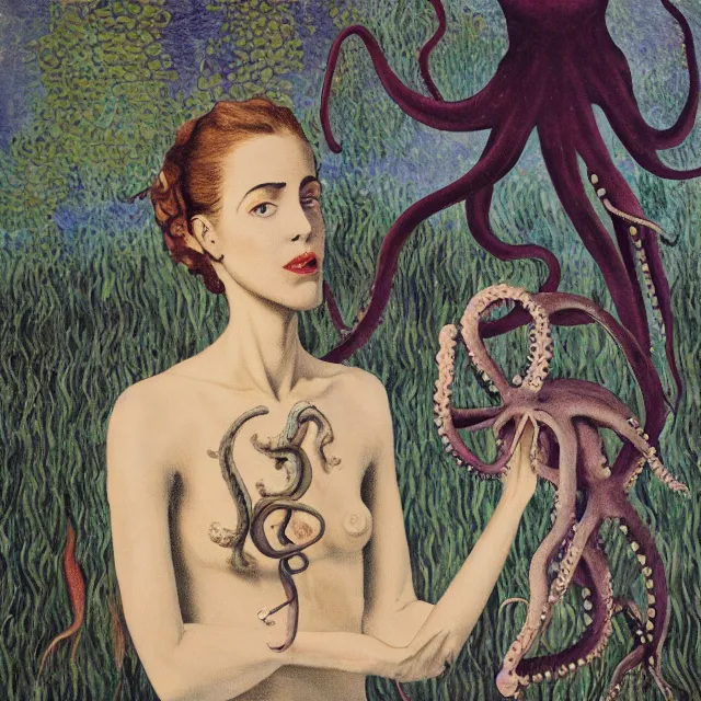 Prompt: a tall queer female pathology student holding an octopus, a river flooding inside, medical supplies, medical mask, syringes, pathology sample test tubes, pigs, plants in glass vase, water, river, rapids, canoe, pomegranate, berries dripping, waterfall, swans, acrylic on canvas, surrealist, by magritte and monet