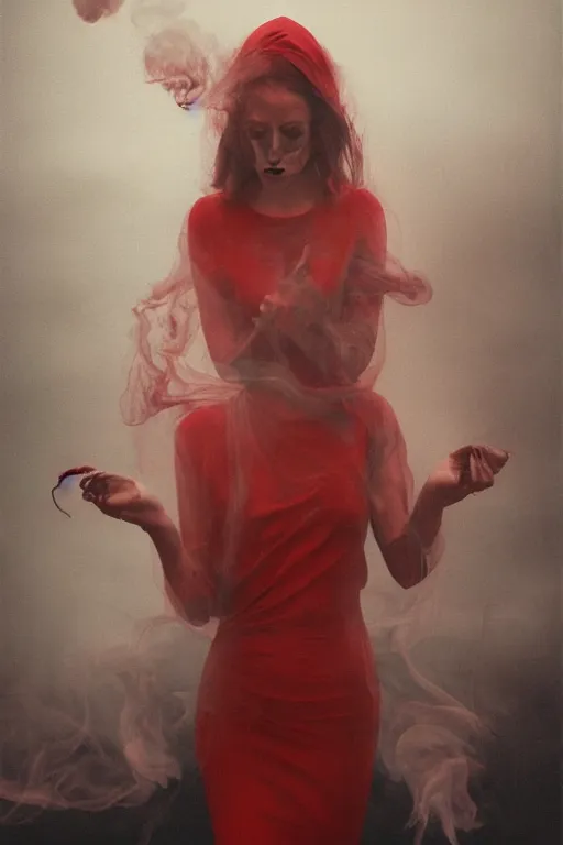 Image similar to tattooed beautiful cult girl smoke swirling and smiling, red dress, symmetric, dark, moody, eerie religious composition, photorealistic oil painting, post modernist layering, by Sean Yoro