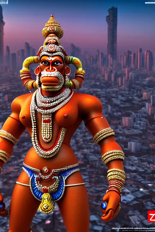 Image similar to high quality 3 d render cyborg hanuman! madhubani, highly detailed, cyberpunk!! mumbai in the background, unreal engine cinematic smooth, szukalski charlie immer, moody light, low angle, uhd 8 k, sharp focus