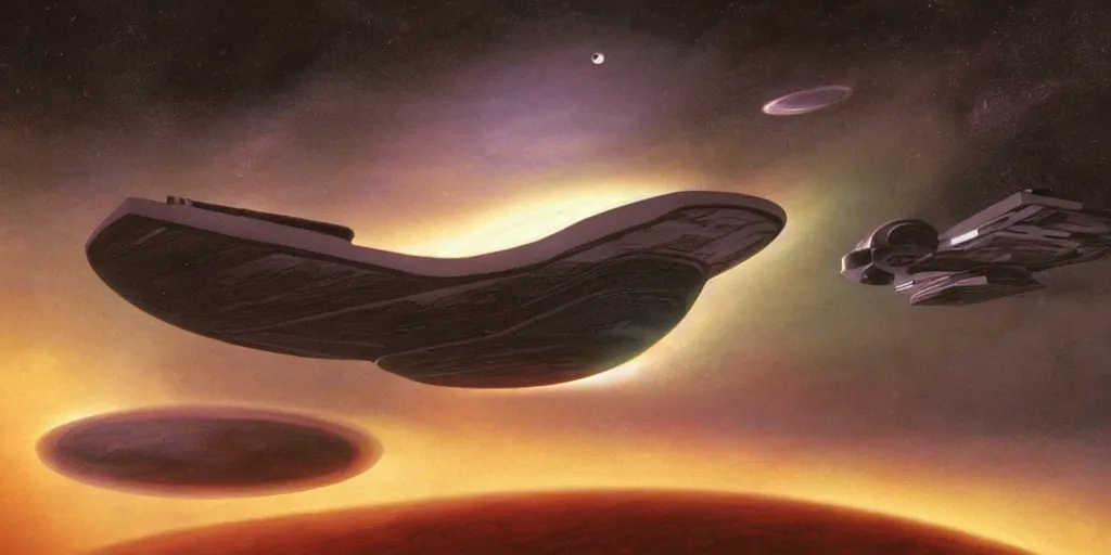 Image similar to enterprise from star trek tng orbiting over a alien planet, volumetric light from nearby star, style by caspar david friedrich and wayne barlowe and ted nasmith.