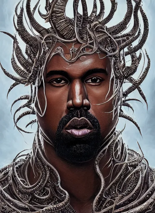 Prompt: portrait of Kanye as a large Lovecraftian monster, fantasy, intricate, elegant, highly detailed, digital painting, artstation, concept art, smooth, sharp focus, illustration, art by artgerm and greg rutkowski