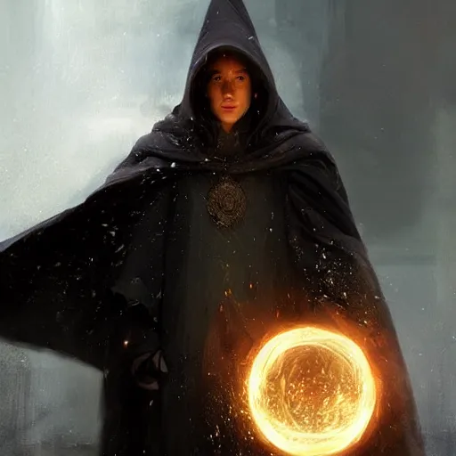 Prompt: A portrait of a young wizard in a dark cloak, he carries a snowglobe with humans trapped inside, emanating dimensional magic, digital art by Ruan Jia, Donglu Yu