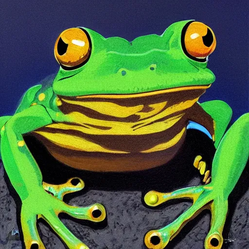 Image similar to A professional portrait of a frog wizard, painted by Studio Ghibli, 4k, traditional art, trending on deviantart, highly detailed, full body shot, wide depth of field, professional lighting, airbrush