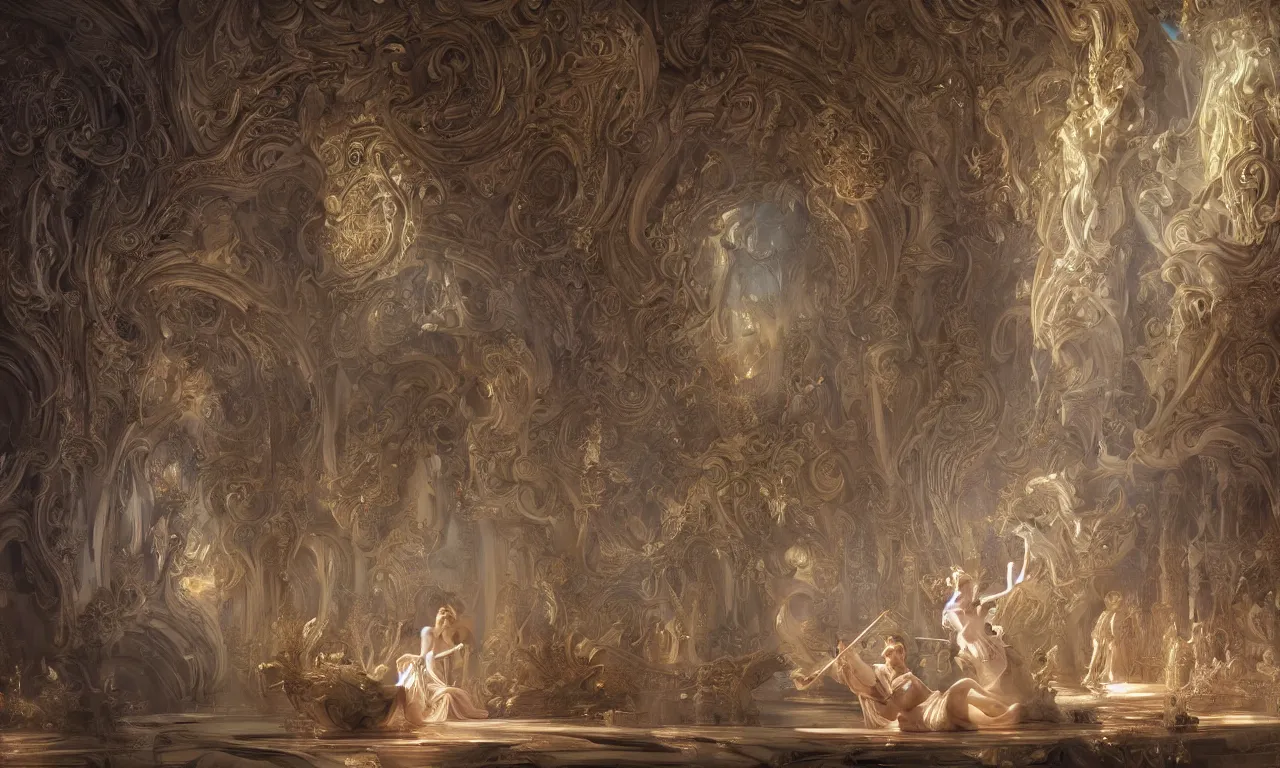 Prompt: a luminous fairytale of an iridescent dragon playing the harp in a baroque white marble cathedral. Neon light, masterpiece 4k digital illustration by Ruan Jia and Mandy Jurgens and Artgerm and william-adolphe bouguereau, award winning, Artstation, Mahmud Farshchian background, intricate details, realistic, panoramic view, volumetric lighting, Hyperdetailed, 8k resolution, Persian miniature by Mahmud Farshchian , rendered in Unreal Engine