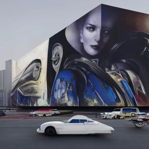 Image similar to sci-fi cars trucks motorcycles 50% of canvas in center and wall near structure on the coronation of napoleon painting and digital billboard in the middle and everything in style of zaha hadid and suprematism forms unreal engine 5 keyshot octane artstation trending bladerunner 2049 colors lighting ultra high detail ultra photo realistic 8k 16k in plastic dark tilt shift