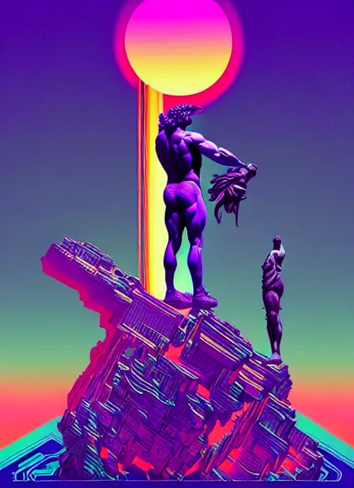 Image similar to statue of hercules, beeple, android jones, ( ( ( ( ( dan mumford ) ) ) ) ), vaporwave, retrowave, black background, neon wiring, black, glitch, strong contrast, cuts, pinterest, trending on artstation