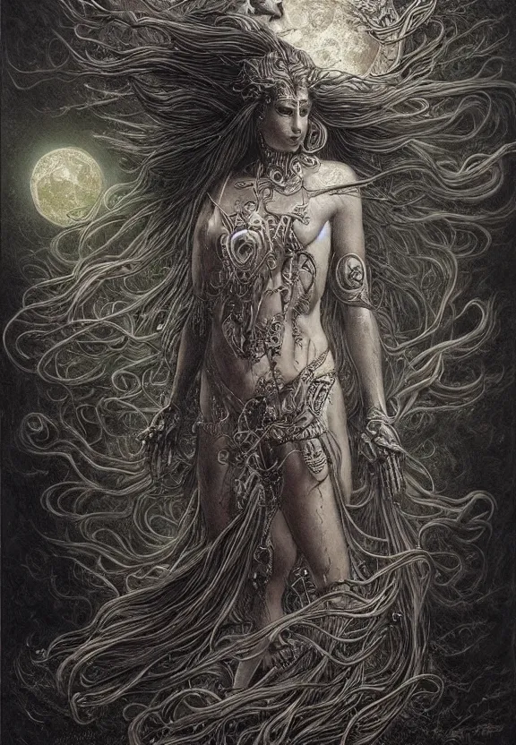 Prompt: full body front view of a beautiful biomechanical moon goddess, flowing hair, intense stare, sweet smile, concept art, intricate detail, volumetric shadows and lighting, psychedelic colors, realistic oil painting by gustave dore,