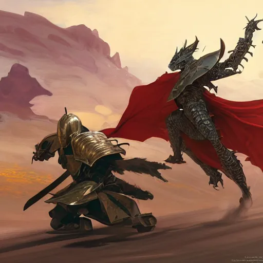 Image similar to dragon fire vs blue armor knight shield, green car hatchback, desert landscape, greg manchess, akehiko inoue and ross tran, greg rutkowski, alphonse mucha, D&D, fantasy, action