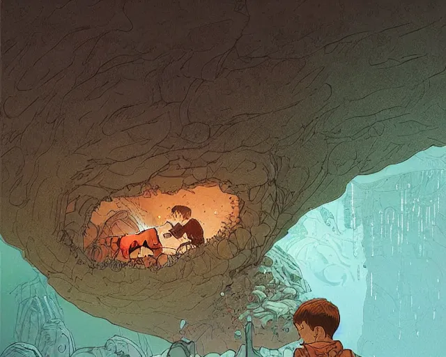 Image similar to a boy sneaking behind a giant sleeping cyclops, in a cave by the water, digital art, illustrated by james gurney and victo ngai