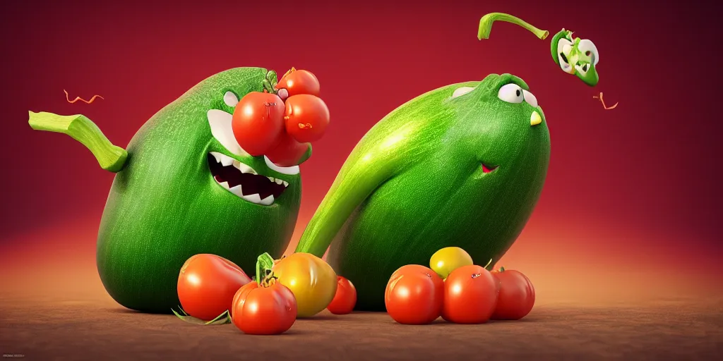 Prompt: detailed 3 d render of a furious zucchini character with bulging muscles attacking a timid tomato, high speed action, martial arts, explosions, blood, dramatic scene, hyper realistic octane render, cinematic lighting, deviantart, pop - surrealism, lowbrow, frame from pixar movie