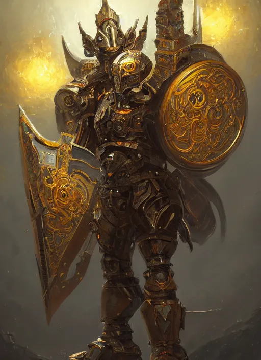 Image similar to full body, attack position abstract painting of a intricate ornate holy mechanical warforged with circular glowing eye, character in yellow armor holding a legendary paladin engraved holy great longsword and carrying a huge heavy paladin shield, vertically flat head, face in focus, epic , trending on ArtStation, masterpiece, cinematic lighting, by Ross Tran and by Greg Rutkowski