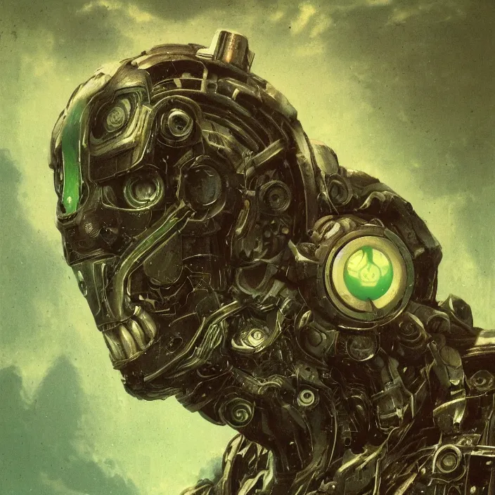 Image similar to portrait of a green Ultron from Age of Ultron, clockwork steampunk, head and chest only, by Beksinski, 4k, deviantart, trending on artstation