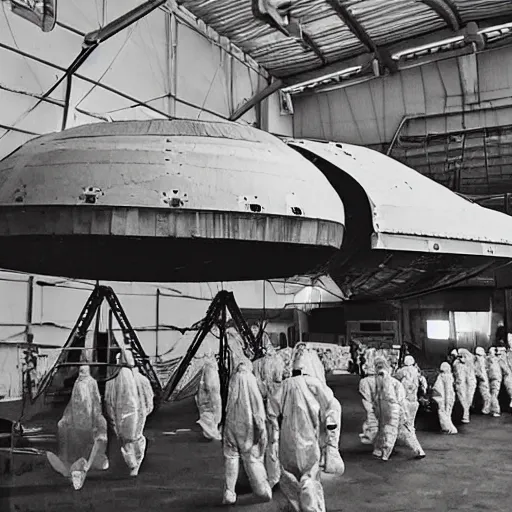 Image similar to dismantled ufo spaceship in hanger with people in hazmat suits standing around, grainy, vintage photo, sepia, old photo, realistic, detailed,