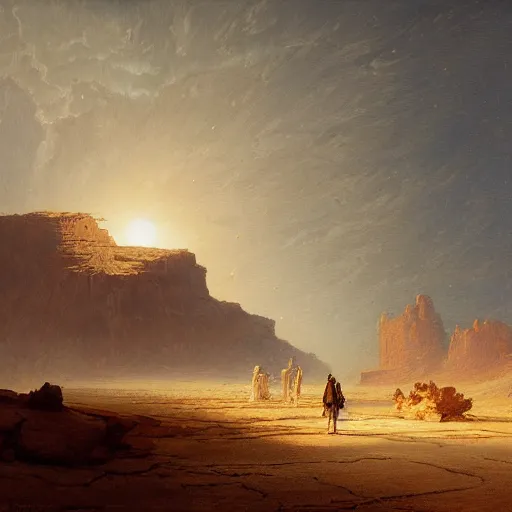 Image similar to an oil painting of a dry and cracked desert on an alien planet with an electrical storm above by carl spitzweg tuomas korpi and greg rutkowski