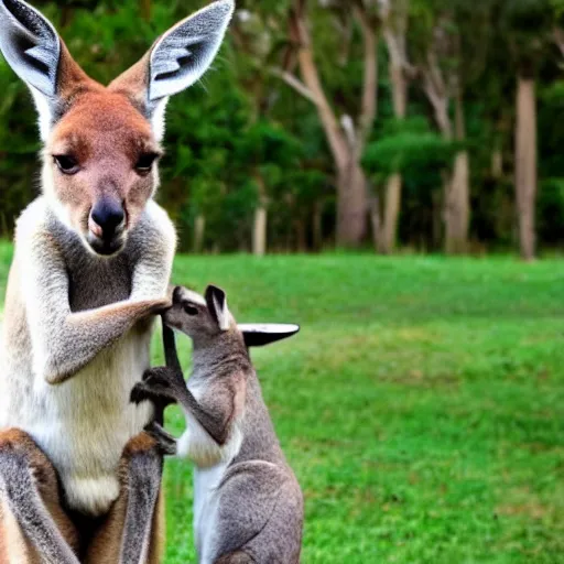 Image similar to a kangaroo and a very cute white rural dog photograph, high quality, award winning