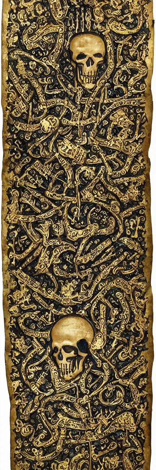 Image similar to magical medieval scroll containing many complex gold inlay symbols and luminous sigils and one a single punisher skull emblem. detailed, high art, intricate, artisan