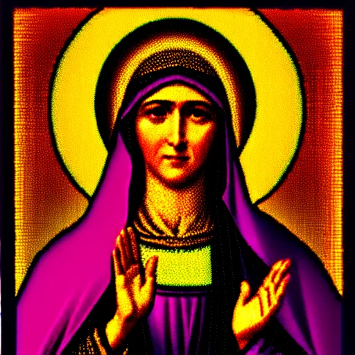 Prompt: vhs static overlay of virgin mary, vhs, 1 9 9 0, highly realistic, highly detailed, vhs noise static