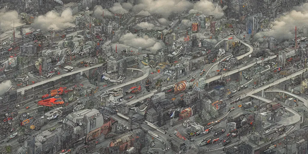 Image similar to a city in the clouds, foggy, a highway weaving through the clouds with a group of motorcycle riders driving down the road, highly detailed, by james jean