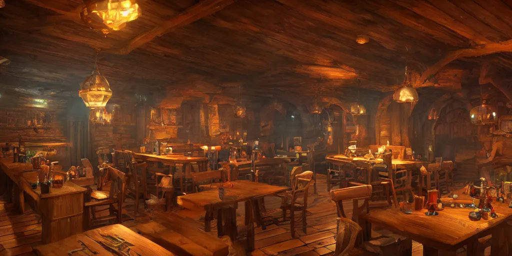 Prompt: the inside of a fantasy tavern, d & d, hyperrealistic, concept art, octane render, unreal engine 5, path tracing, soft lighting, high quality, highly detailed, 8 k, complementary colors, cgsociety