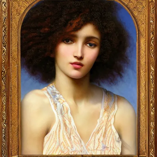 Image similar to somali woman with curly hair, fedosenko roman, j. w. godward, jose miguel roman frances, intricate details, solid color backdrop, countryside, dreamy, impressionist, figurative