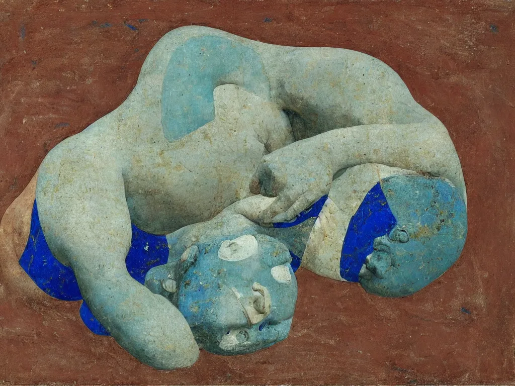 Image similar to broken, ruined marble greek sculpture head lying in the sand. lapis - lazuli, turquoise, malachite, cinnabar, earth brown. painting by piero della francesca, balthus, agnes pelton