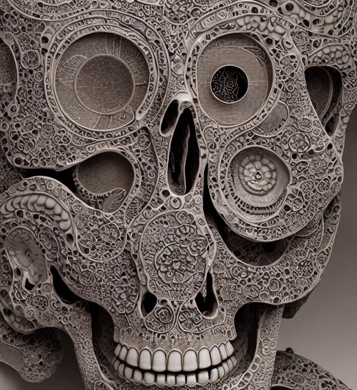 Image similar to Skull, A Close up photo-real delicate ceramic porcelain sculpture of a symmetrical ornate detailed in front of an intricate background by Victo Ngai and takato yamamoto, micro detail, backlit lighting, face in focus, subsurface scattering, translucent, thin porcelain, octane renderer, colorful, physically based rendering, japanese pottery, trending on cgsociety