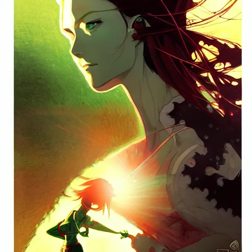 Prompt: green lady fighting red 3, high intricate details, rule of thirds, golden ratio, cinematic light, anime style, graphic novel by fiona staples and dustin nguyen, by beaststars and orange, peter elson, alan bean, makoto shinkai