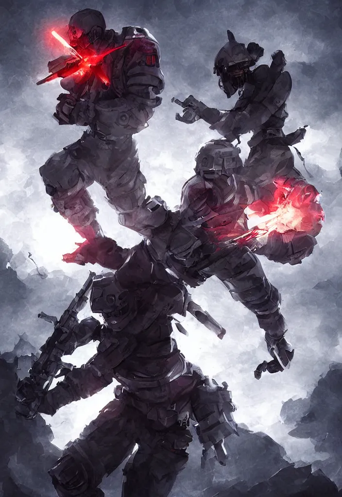 Image similar to digital art, android soldier fighting shadow demon