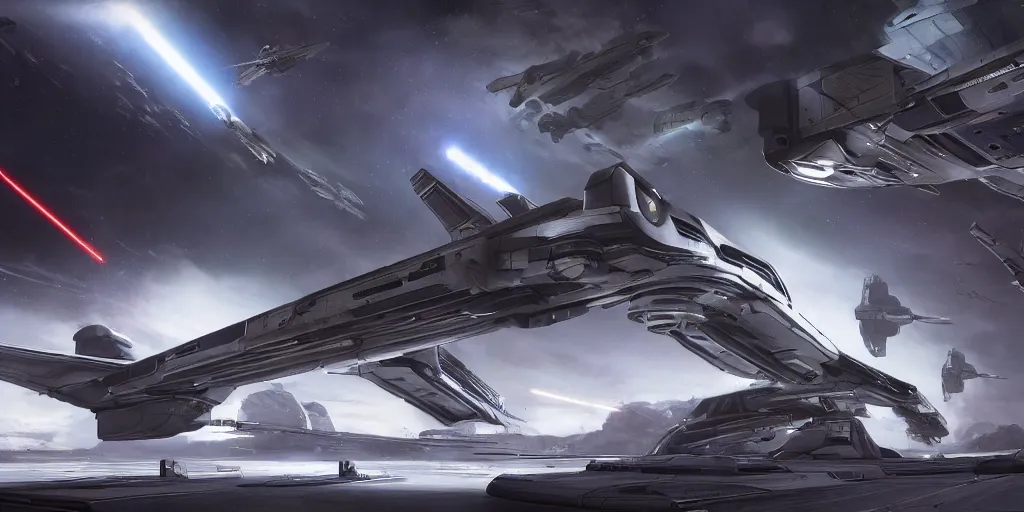 Prompt: a futuristic mass effect star wars fighter jet, thrusters on, landing on a large detailed space dock inside big hole on the ground, landing lights large pipes, metal cladding wall, intricate bridges between walls and levels, backlit, shadow play, canon 2 0 mm lens, extreme wide angle by eddie mendoza, syd mead