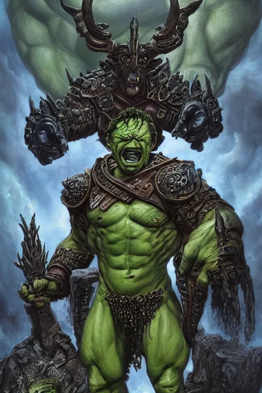 Image similar to full body concept art of Hulk wearing baphomet armor made with porcelain by Jeff Easley and Peter Elson + beautiful eyes, beautiful face + symmetry face + galaxy + gothic, surreal, dread + highly detailed, intricate complexity, epic composition, magical atmosphere + masterpiece, award winning + trending on artstation